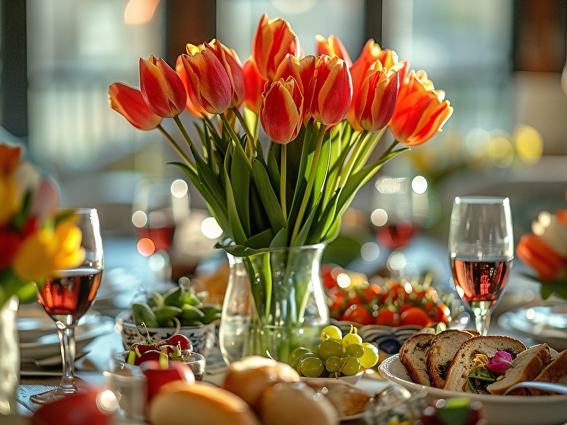 Een volle sfeervolle tafel gedekt met hapjes en drankjes zoals druiven, aardbeien en brood, in het midden van de tafel staat een vaas met oranje met gele tulpen.